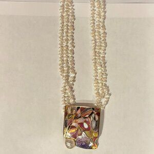 Walter Belizario Signed Champleve Enamel Pendant with Freshwater Pearl Necklace